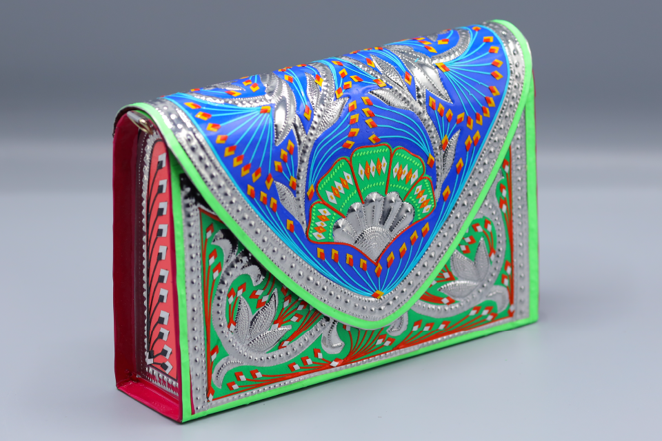 Hari Phulkari Truck Art Clutch With Green Base
