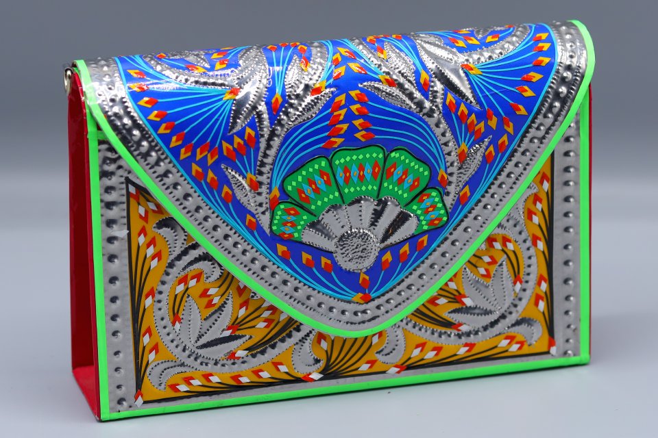 Neeli Phulkari Truck Art Clutch With Yellow Base