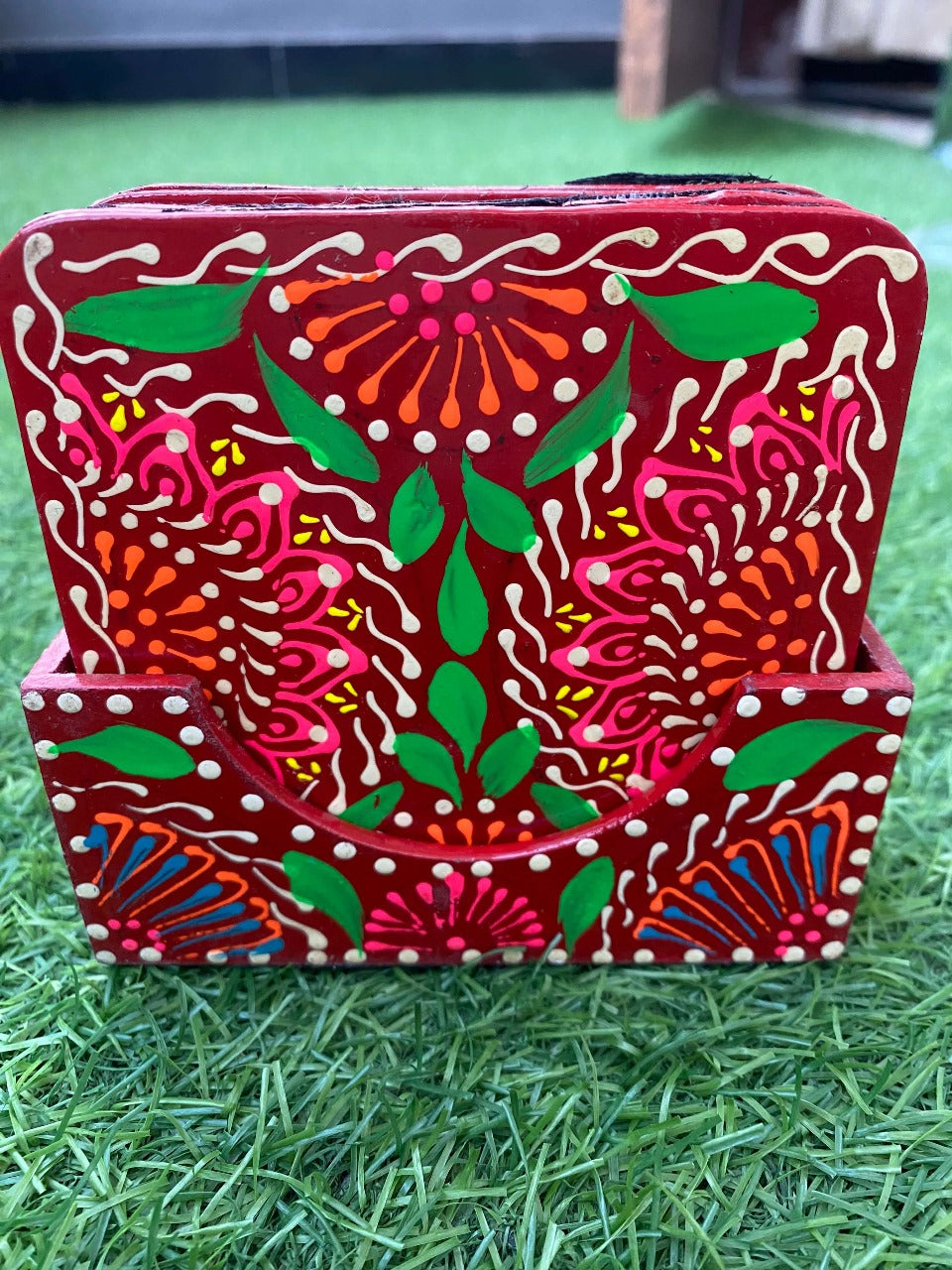 Handpainted wooden tea coaster set