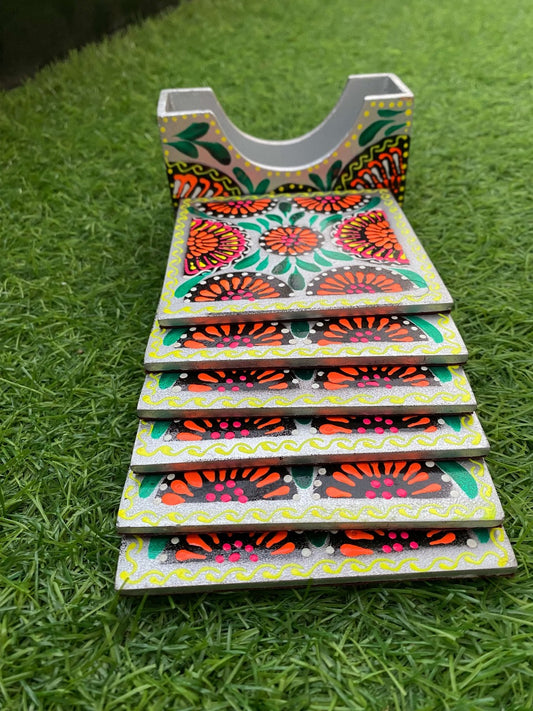 Handpainted wooden tea coaster set 