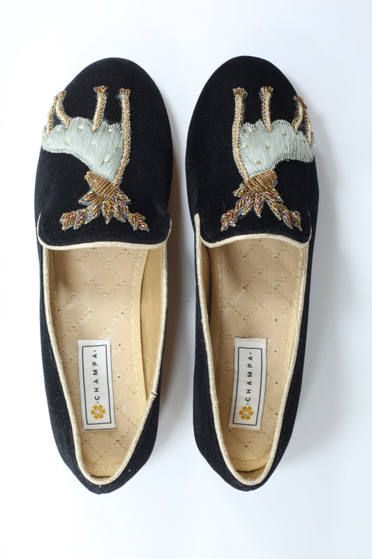 Black Pointed Toe with Hand Embroidered Gold Parinda Slip-ons