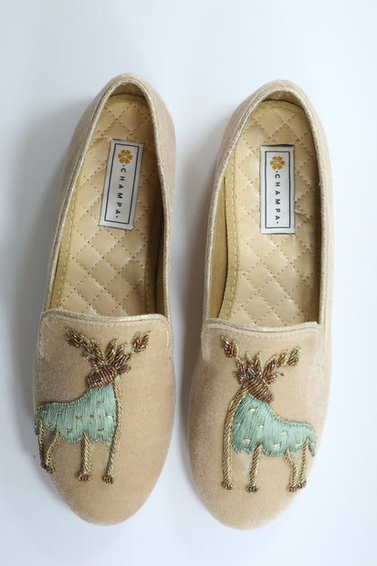Rust Pointed Toe with Hand Embroidered Gold Parinda Slip-ons