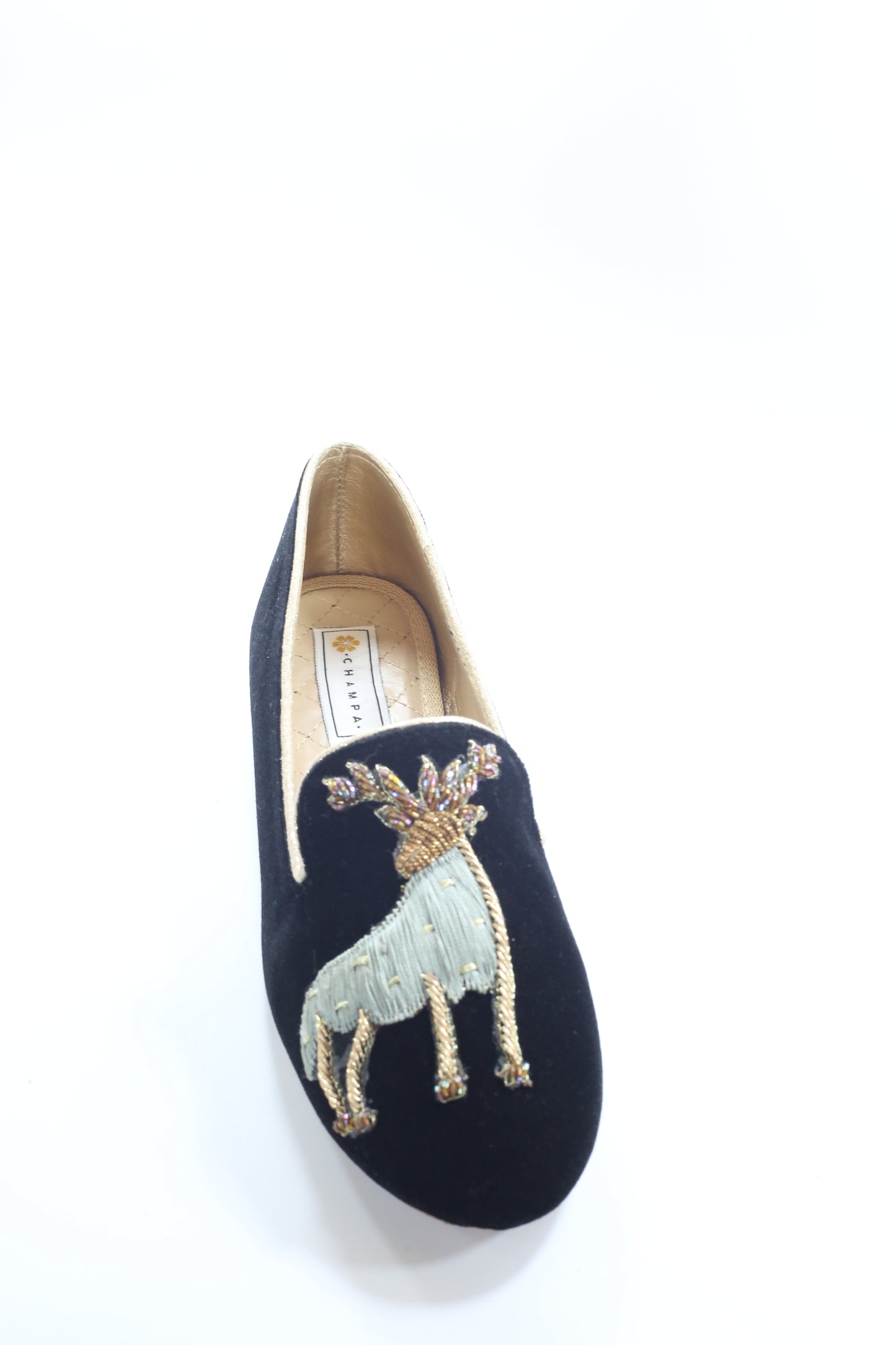Black Pointed Toe with Hand Embroidered Gold Parinda Slip-ons