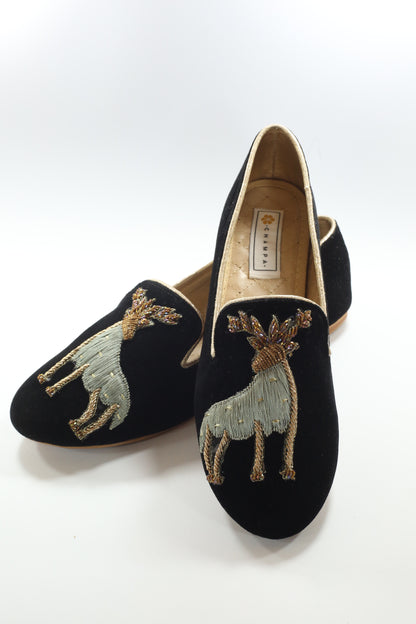 Black Pointed Toe with Hand Embroidered Gold Parinda Slip-ons