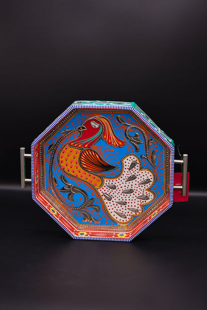 Hexagon teetar tray with chamakpatti. Handmade with beautiful silver, blue & ombre tones.
