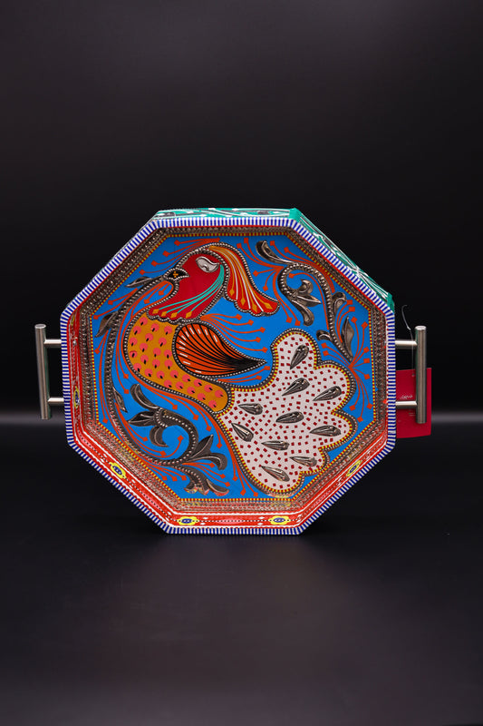 Hexagon teetar tray with chamakpatti. Handmade with beautiful silver, blue & ombre tones.