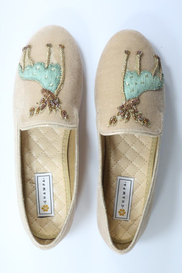Rust Pointed Toe with Hand Embroidered Gold Parinda Slip-ons