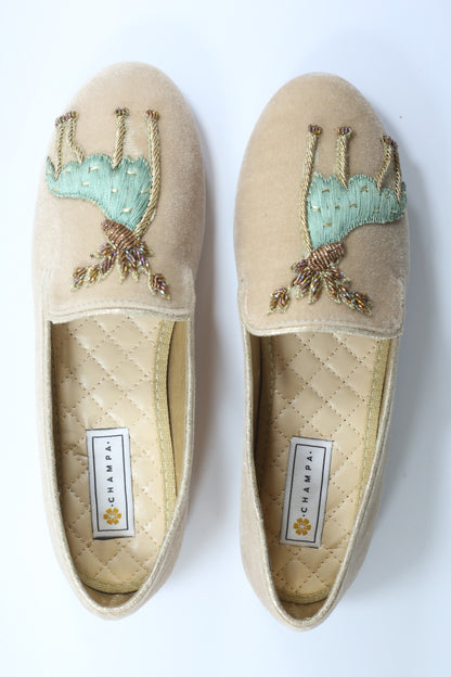 Rust Pointed Toe with Hand Embroidered Gold Parinda Slip-ons