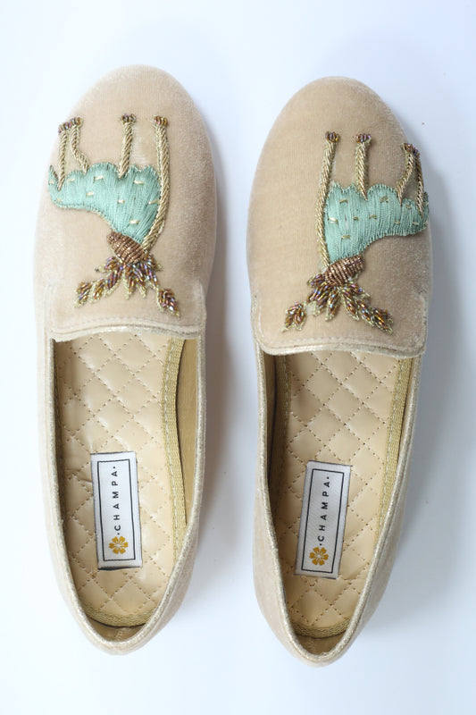 Rust Pointed Toe with Hand Embroidered Gold Parinda Slip-ons
